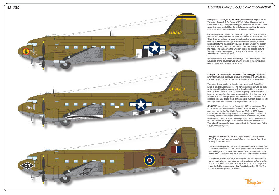 Vingtor Decals 48-130 1:48 Douglas C-47/C-53 Dakota collection