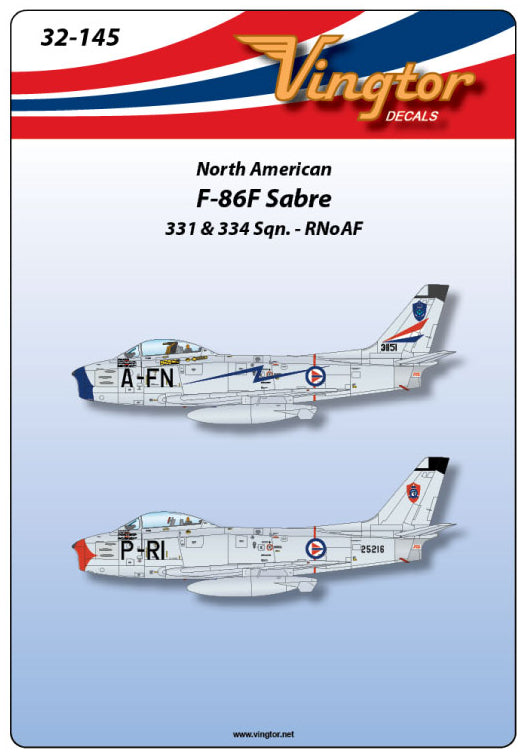 Vingtor Decals 32-145 1:32 North-American F-86F Sabre, Squadron codes & serials, RNoAF