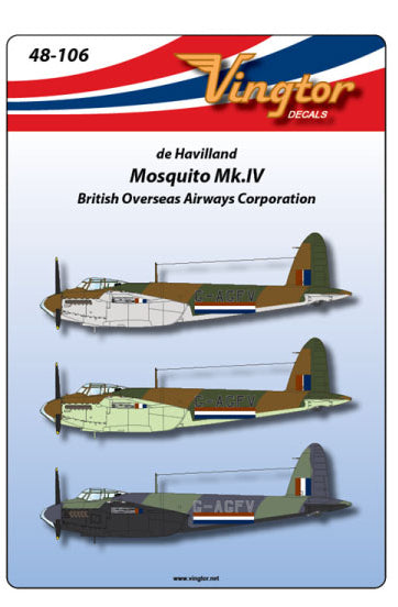 Vingtor Decals 48-106 1:48 de Havilland Mosquito Mk.IV British Overseas Airways Corporation G-AGFV in choice of 3 schemes