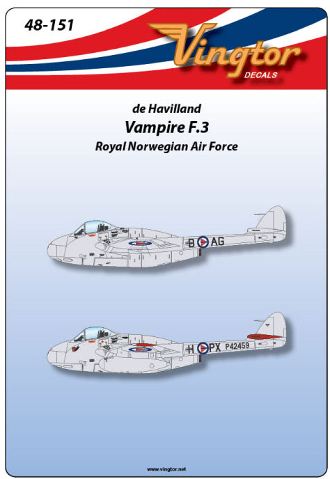 Vingtor Decals 48-151 1:48 de Havilland Vampire F.3 - RNAF