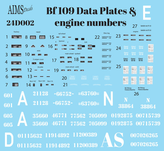 Aims 24D002 1:24 Messerschmitt Bf-109 Data Plates and engine numbers
