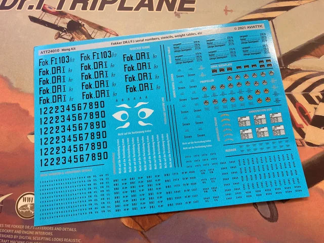 Aviattic ATT24010 1:24 Fokker F.I/Dr.I serial numbers, stencils, weight tables etc Meng Model kit (Screen printed)