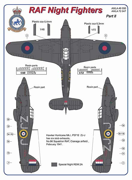 AML A72047 1:72 Hawker Hurricane Mk.I & Boulton-Paul Defiant Mk.I 6 stub exhaust versions / Part 2 No.96 Squadron RAF, 1941