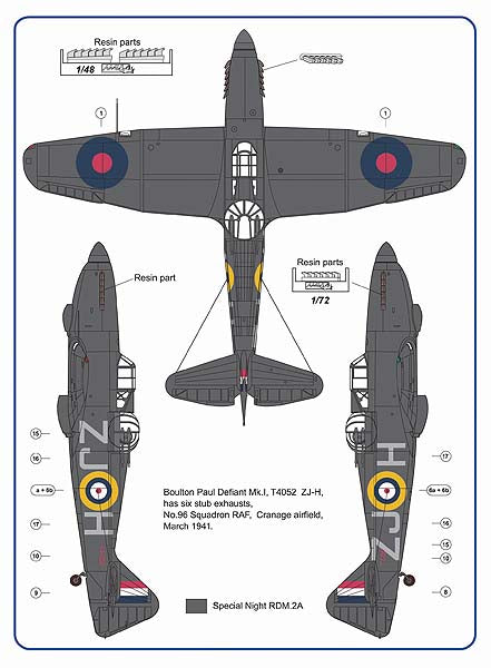 AML A72047 1:72 Hawker Hurricane Mk.I & Boulton-Paul Defiant Mk.I 6 stub exhaust versions / Part 2 No.96 Squadron RAF, 1941