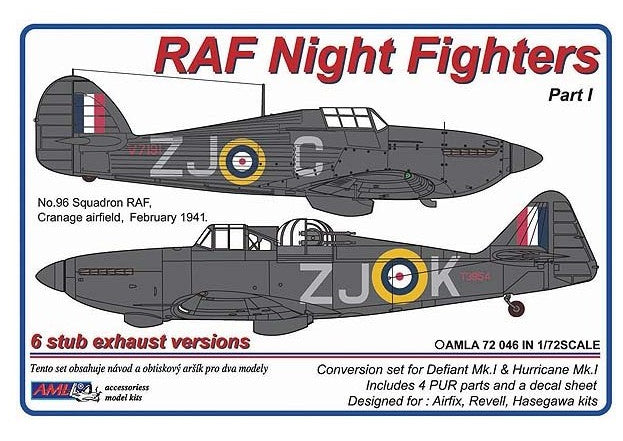 AML A72046 1:72 Hawker Hurricane Mk.I & Boulton-Paul Defiant Mk.I 6 stub exhaust versions / Part I with decals for No.96 Squadron RAF, 1941