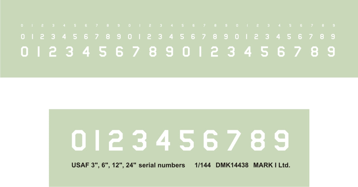 Mark I Decals DMK14438 1:144 USAF 3 inches 6 inches 12 inches 24 inches White serial numbers, 2 sets