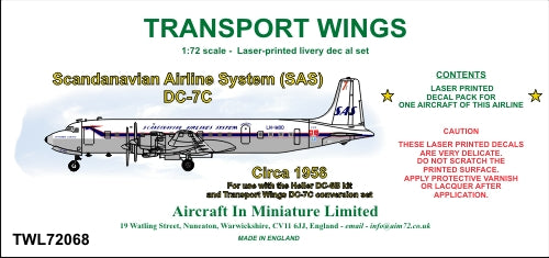 AIM - Transport Wings TWL72068 1:72 Scandinavian Airline System (SAS) Douglas DC-7C (Circa 1958) Decal Set