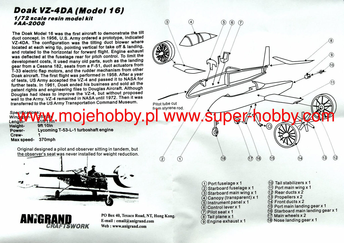 Anigrand Craftswork 2008 1:72 Doak VZ-4DA Archaeopteryx of tilt-ducts VTOL.