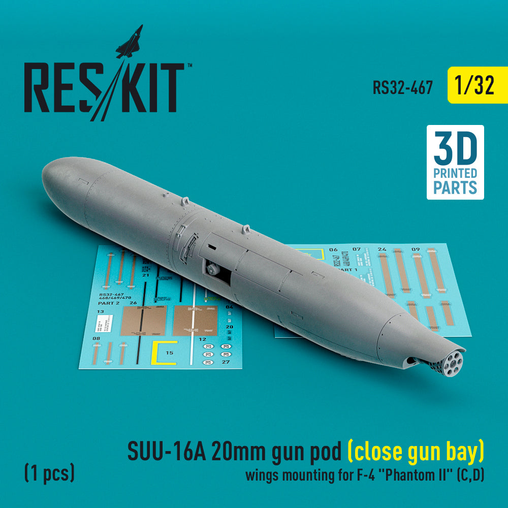 ResKit RS32-0467 1:32 SUU-16A 20mm gun pod (close gun bay) wings mounting for F-4 Phantom II' (C,D) (1 pc) (3D-Printed)