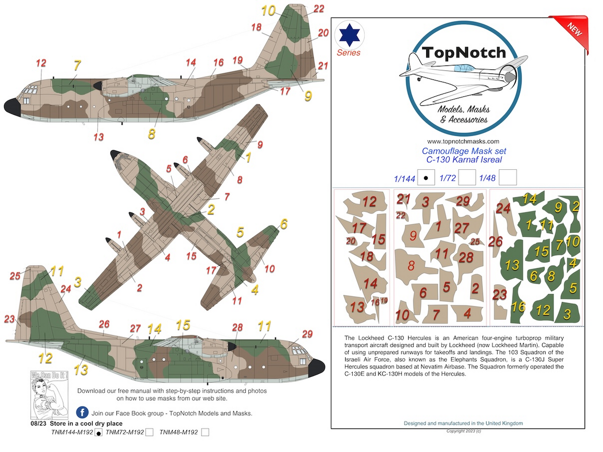 TopNotch TNM144-M192 1:144 Lockheed C-130 Hercules IAF 'Karnaf' Camouflage pattern paint mask