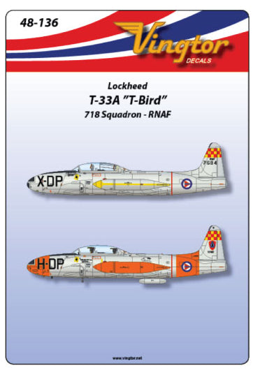 Vingtor Decals 48-136 1:48 Lockheed T-33A 'T-Bird', 718 Sqn. RNAF