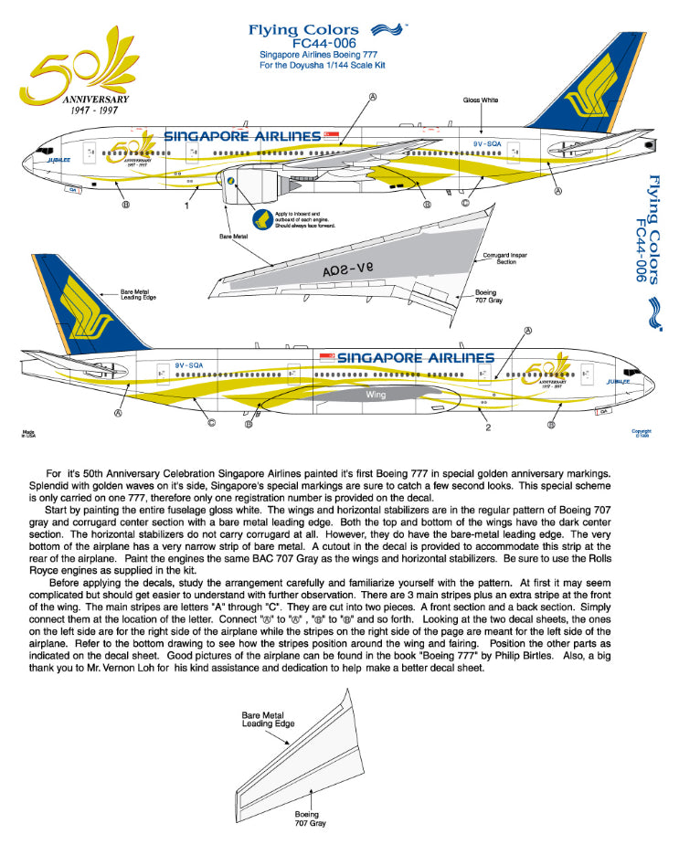 Flying Colors FC44006 1:144 Boeing 777 SINGAPORE AIRLINES (RR) 50th Anniversary 9V-SQA