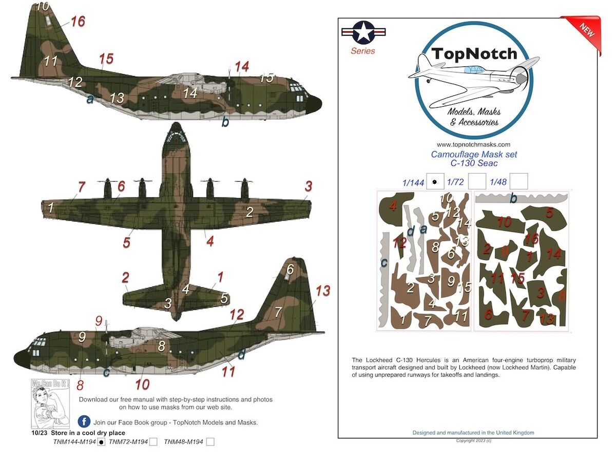 TopNotch TNM144-M194 1:144 Lockheed C-130 Hercules USAAF - SEAC Camouflage pattern paint mask