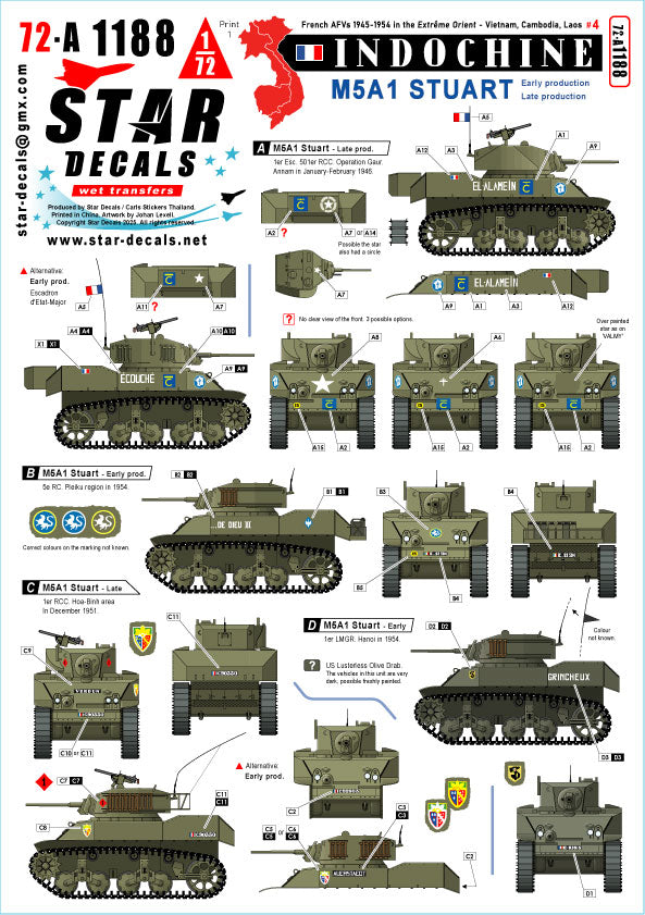 Star Decals 72-A1188 1:72 Indochine # 4 French M5A1 Stuart, early and late production turrets.