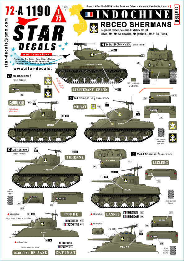 Star Decals 72-A1190 1:72 Indochine # 6 R.B.C.E.O. Shermans.