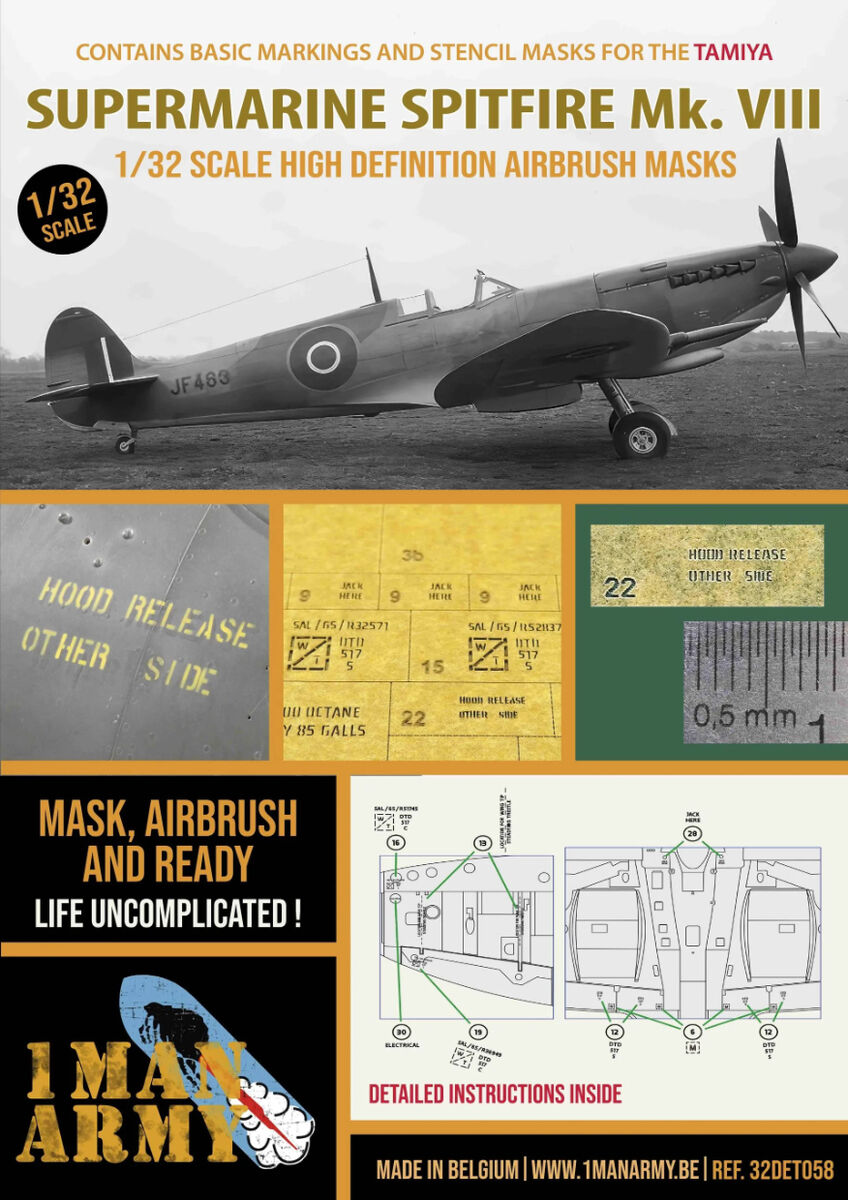 1ManArmy 32DET058 1:32 Supermarine Spitfire Mk.VIII High Definition Stencilling and Basic National Insignia Paint Masks
