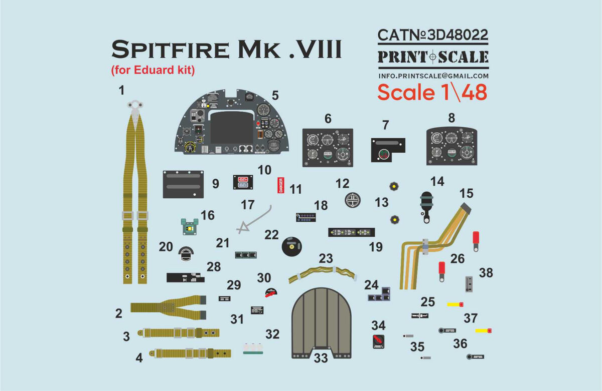 Print Scale 3D48-22 1:48 Instrument panel Supermarine Spitfire Mk.VIII