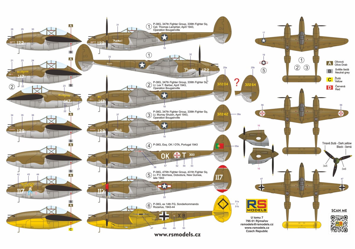 RS Models 92280 1:72 Lockheed P-38G Lightning 6 decal v. for USA, Portugal, Luftwaffe