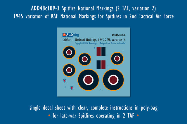 Aviaeology ADD48C109-3 1:48 Supermarine Spitfire National Insignia Markings – Late (2TAF, 1945, variation 2, large upper wing roundels)