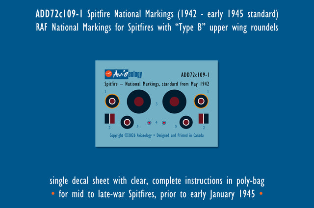 Aviaeology ADD72C109-1 1:72 Supermarine Spitfire National Markings – Standard 1942 to early January 1945