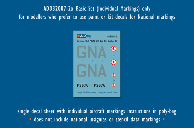 Aviaeology ADD32007-2X 1:32 Hawker Hurricane Mk.I P3576 as GN•A of 249 Sqn, RAF – Nicolson VC (Basic Set)