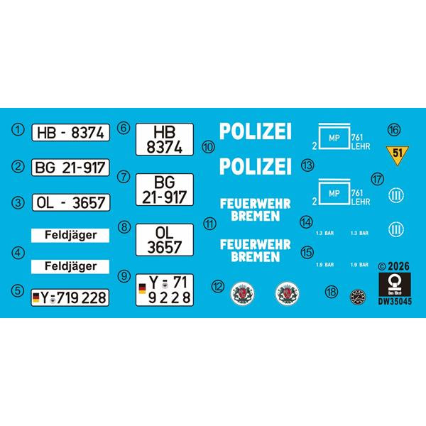 Das Werk DW35045 1:35 Kurierwagen Typ 181 - Bluelight versionHighly detailed kitScale 1:353D-printed wheels and radio unit (including handset) for superior detailClosed tarpaulin molded as a single part in clear materialFinely printed decal sheet offerin