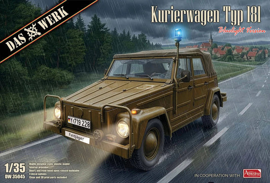 Das Werk DW35045 1:35 Kurierwagen Typ 181 - Bluelight versionHighly detailed kitScale 1:353D-printed wheels and radio unit (including handset) for superior detailClosed tarpaulin molded as a single part in clear materialFinely printed decal sheet offerin