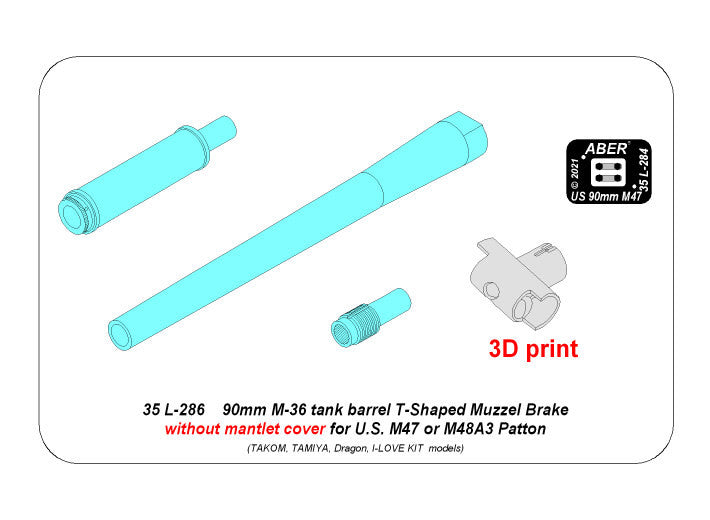 Aber 35L286 1:35 90mm M-36 tank barrel T-shaped Muzzle Brake without mantlet cover for U.S. M47 and M48A3 Patton