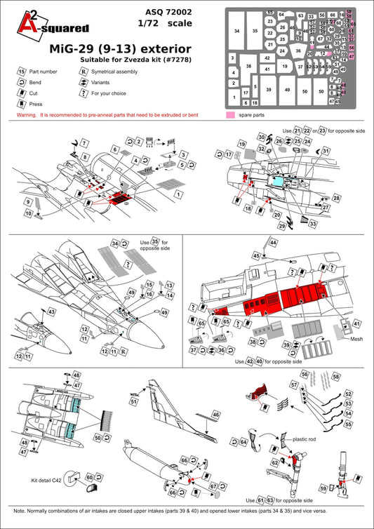 A-Squared AASQ72002 1:72 Mikoyan MiG-29 (9-13) Exterior Photo-Etched Set