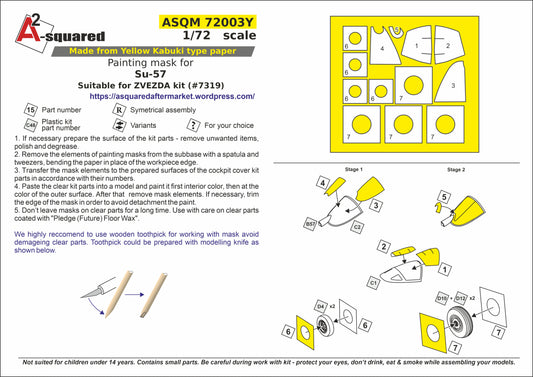 A-Squared AASQM72003Y 1:72 Sukhoi Su-57 Su-57 Die-Cut Painting Mask for Canopy Frame & Wheel Hub