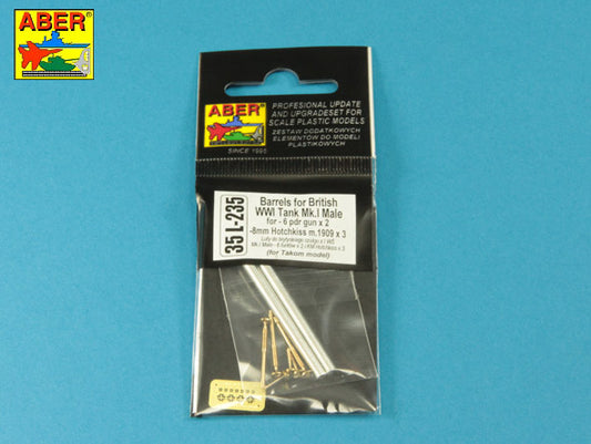 Aber 35L235 1:35 Barrels for British WWI Tank Mk.I Male WWI British Tank 6 pdr gun x 2 & 8mm Hotchkiss m.1909 x 3