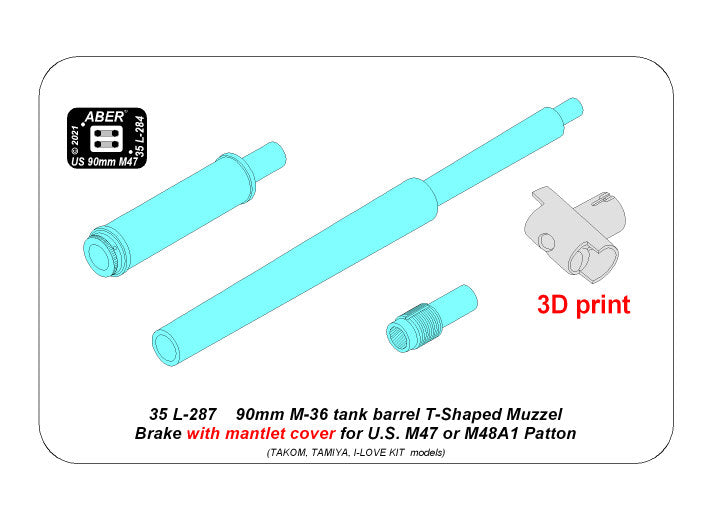 Aber 35L287 1:35 90mm M-36 tank barrel T-shaped Muzzle Brake with mantlet cover for U.S. M47 and M48A1 Patton