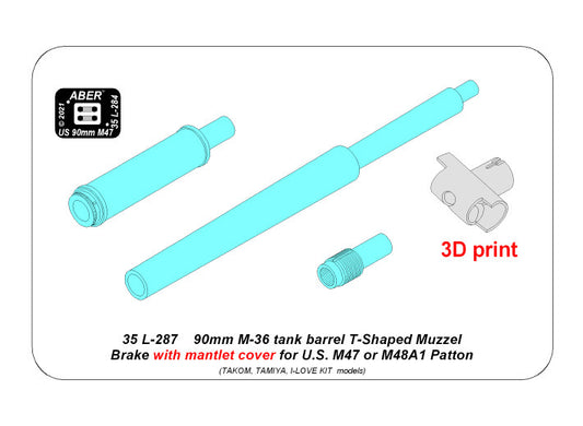 Aber 35L287 1:35 90mm M-36 tank barrel T-shaped Muzzle Brake with mantlet cover for U.S. M47 and M48A1 Patton