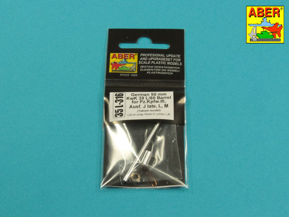 Aber 35L316 1:35 German 50mm KwK39L/60 Barrel Pz.Kpfw.III Ausf.J, Ausf.L, Ausf.M.
