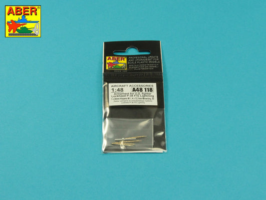 Aber A48118 1:48 Armament for U.S. Fighter Lockheed P-38F/G Lightning: 1 x 20mm & 4 x 12,7mm Gun Barrels