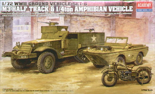 Academy 13408 1:72 WWII U.S. M3 Half Track 1/4 Ton Amphibian Vehicle & Motorbike