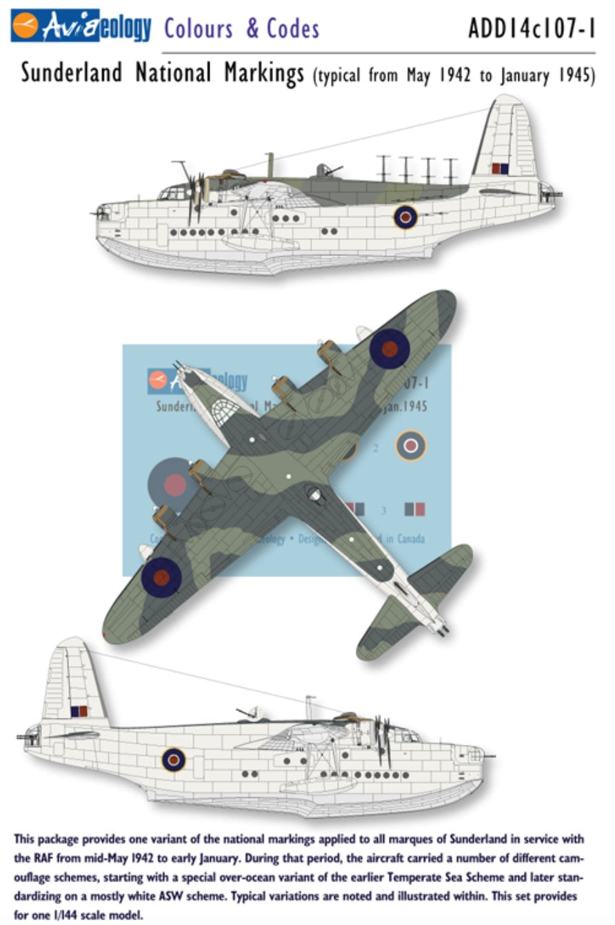 Aviaeology ADD14C107-1 1:144 Short Sunderland National Markings – Standard 1942 to early January 1945	Colours & Codes