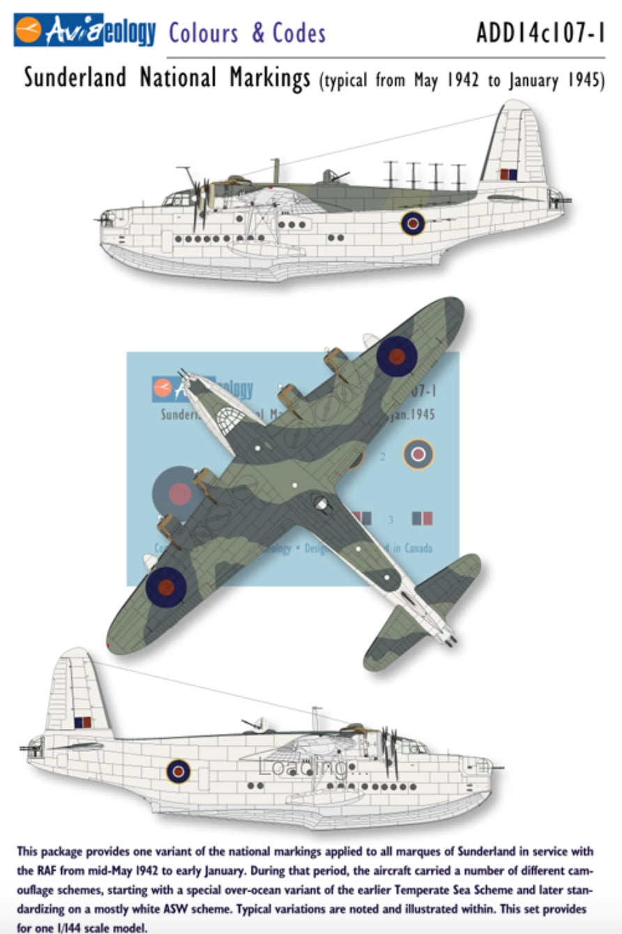 Aviaeology ADD14C107-1 1:144 Short Sunderland National Markings – Standard 1942 to early January 1945	Colours & Codes