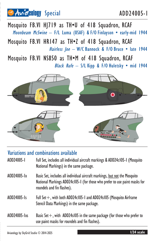 Aviaeology ADD24005-1 1:24 de Havilland Mosquito FB.VIs-HJ719, HR147, NS850 "Intruders" of 418 Squadron, RCAF (Full Set)