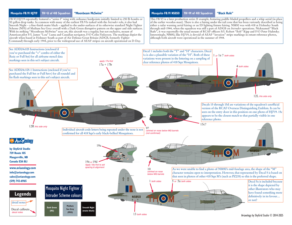Aviaeology ADD24005-1X 1:24 de Havilland Mosquito FB.VIs-HJ719, HR147, NS850 "Intruders" of 418 Squadron, RCAF (Basic Set)