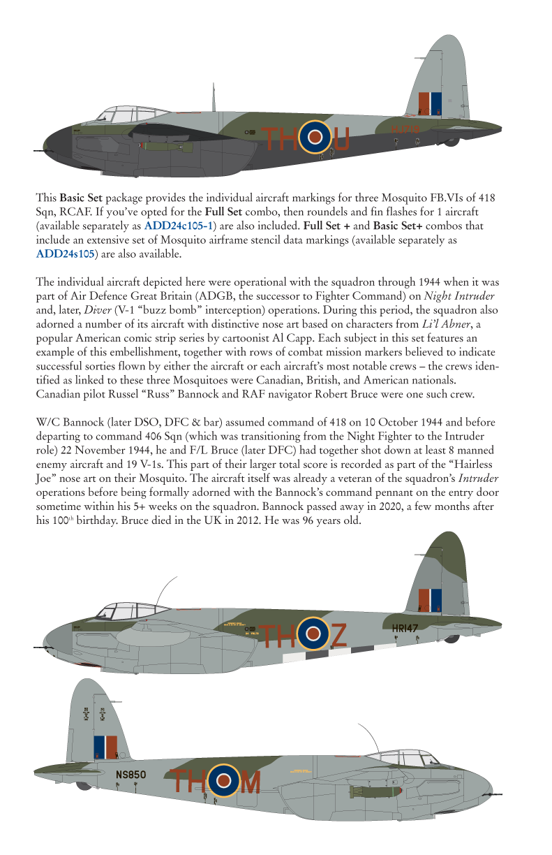 Aviaeology ADD24005-1 1:24 de Havilland Mosquito FB.VIs-HJ719, HR147, NS850 "Intruders" of 418 Squadron, RCAF (Full Set)