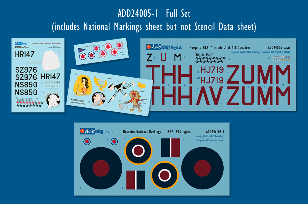 Aviaeology ADD24005-1 1:24 de Havilland Mosquito FB.VIs-HJ719, HR147, NS850 "Intruders" of 418 Squadron, RCAF (Full Set)