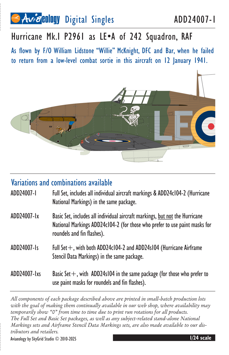 Aviaeology ADD24007-1X 1:24 Hawker Hurricane Mk.I P2961 as LE-A of 242 Sqn, RAF-McKnight Aircraft (Basic Set)