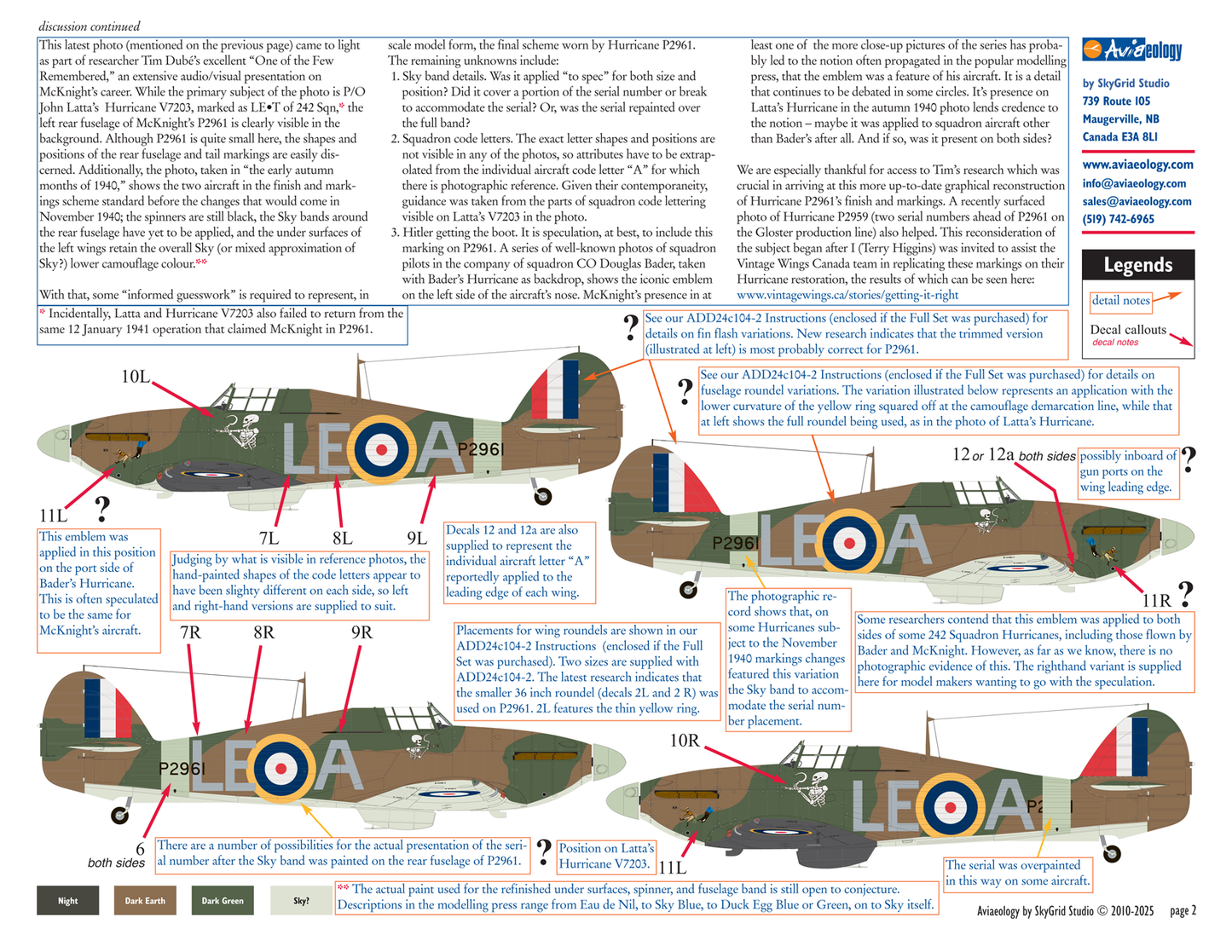 Aviaeology ADD24007-1 1:24 Hawker Hurricane Mk.I P2961 as LE-A of 242 Sqn, RAF McKnight aircraft (Full Set)