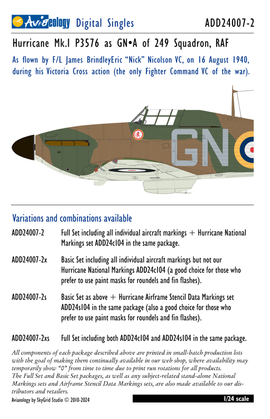 Aviaeology ADD24007-2X 1:24 Hawker Hurricane Mk.I P3576 as GNâ€¢A of 249 Sqn, RAF â€“ Nicolson VC (Basic Set)