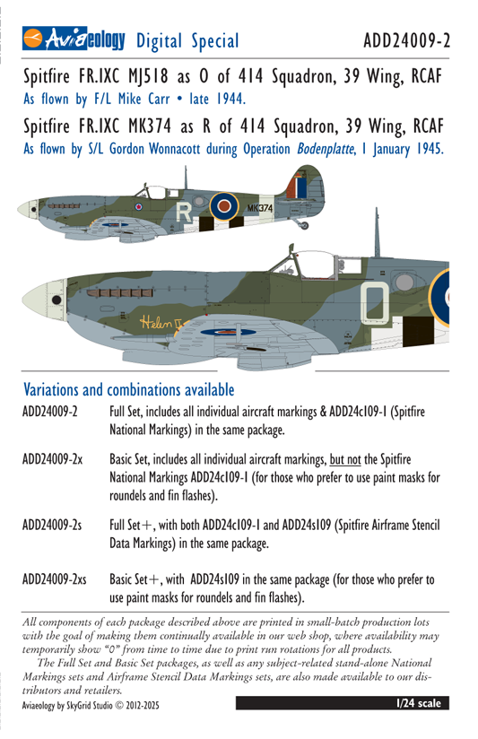 Aviaeology ADD24009-2 1:24 Supermarine Spitfire FR Mk.IXCs MJ518 & MK374 of 414 Squadron, 39 Wing, RCAF (Full Set)