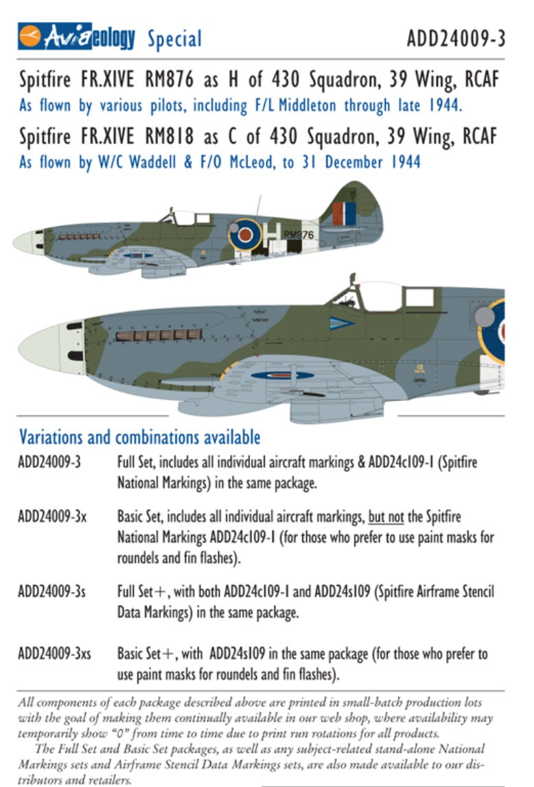 Aviaeology ADD24009-3 1:24 Supermarine Spitfire FR Mk.XIVEs (high back) RM876 & RM818 of 430 Squadron, 39 Wing, RCAF (Full Set)