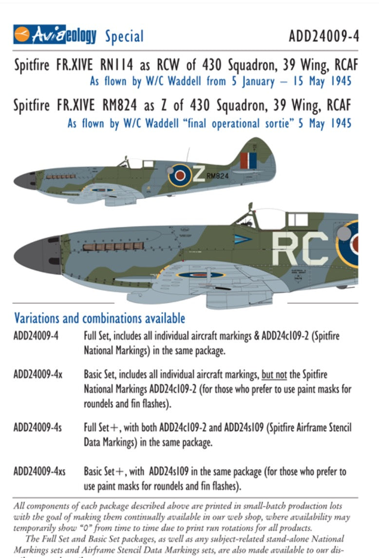 Aviaeology ADD24009-4X 1:24 Supermarine Spitfire FR Mk.XIVE (high back) RM824 and RN114 as RC•W, W/C Waddell, 39 Wing, RCAF Basic Set)