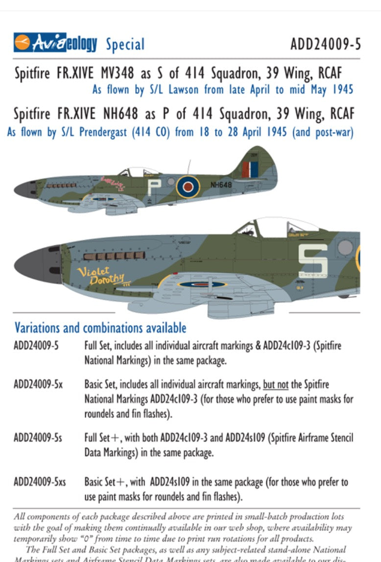 Aviaeology ADD24009-5 1:24 Supermarine Spitfire FR Mk.XIVE (low back) MV348 and NH648 of 414 Squadron, 39 Wing, RCAF (Full Set)