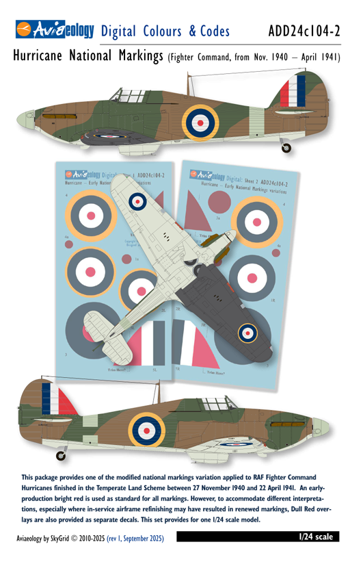 Aviaeology ADD24C104-2 1:24 Hawker Hurricane National Markings – Early Variation 2 (Nov. 1940 – April 1941)